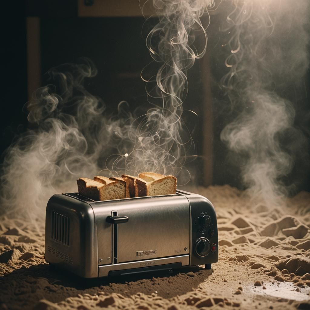 Toaster Punning 'I'm Toast' in Cinematic Style