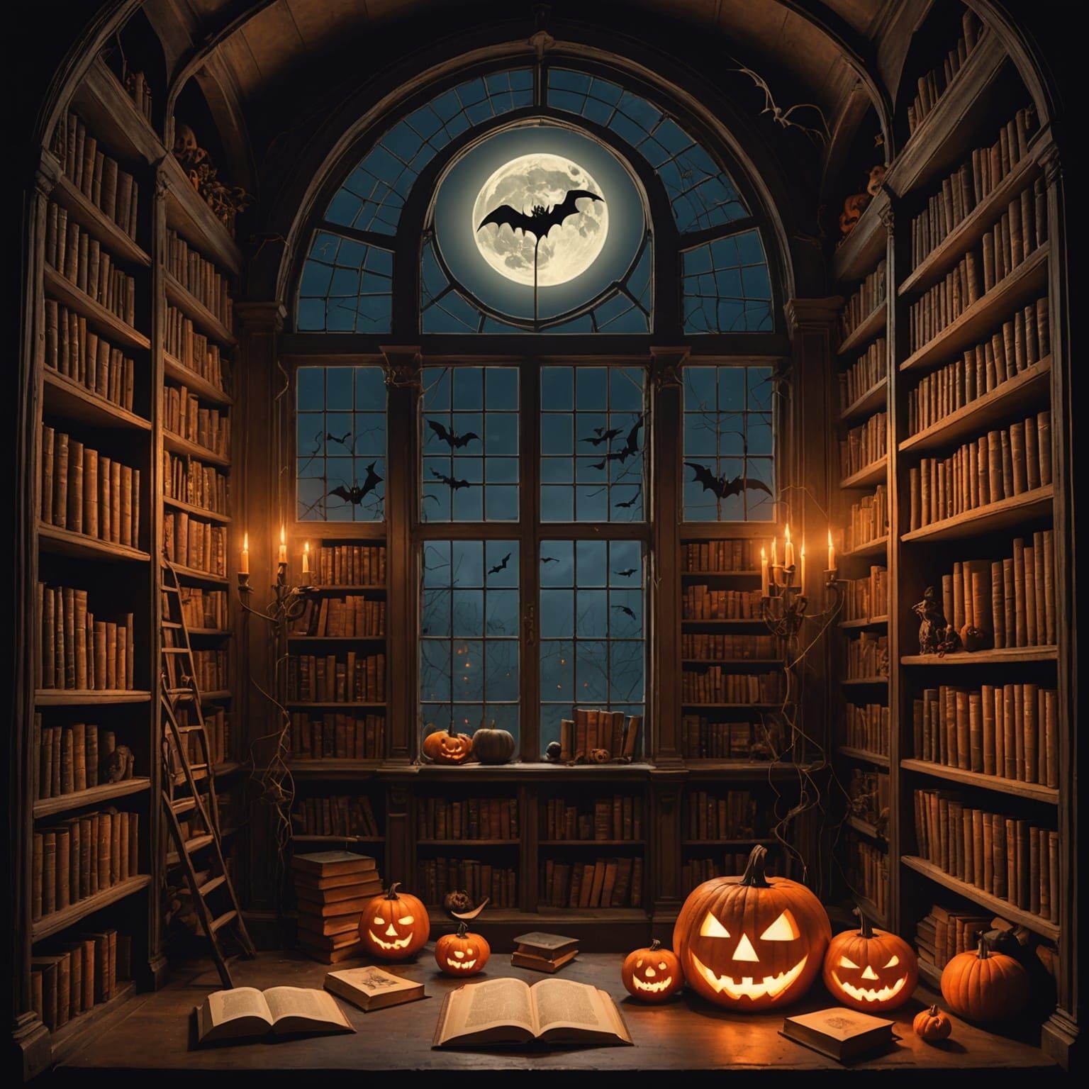 Haunted Halloween Library with Eerie Glowing Eyes