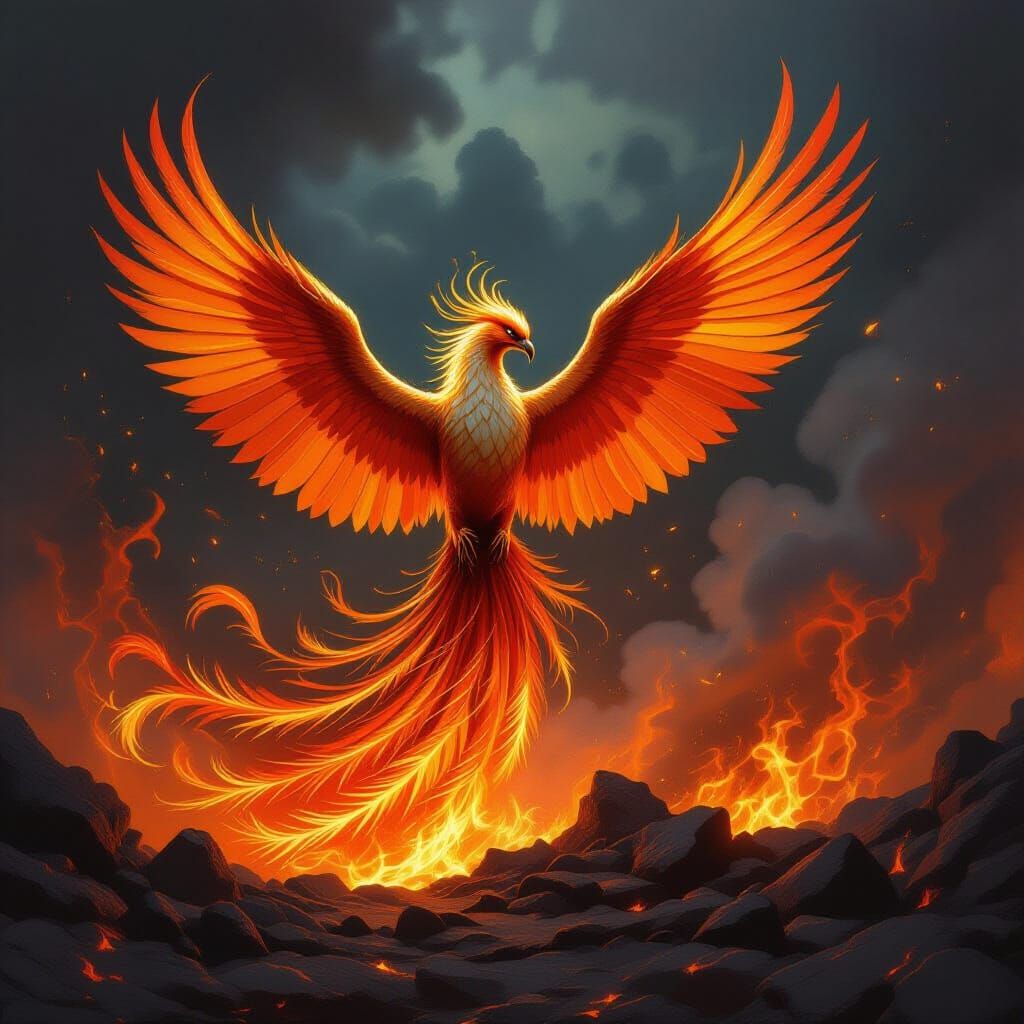 Phoenix Rising from Ashes in Fiery Vortex