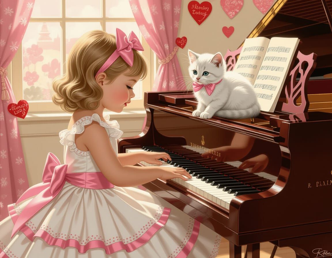 Charming Girl Plays Piano on Valentine's Day