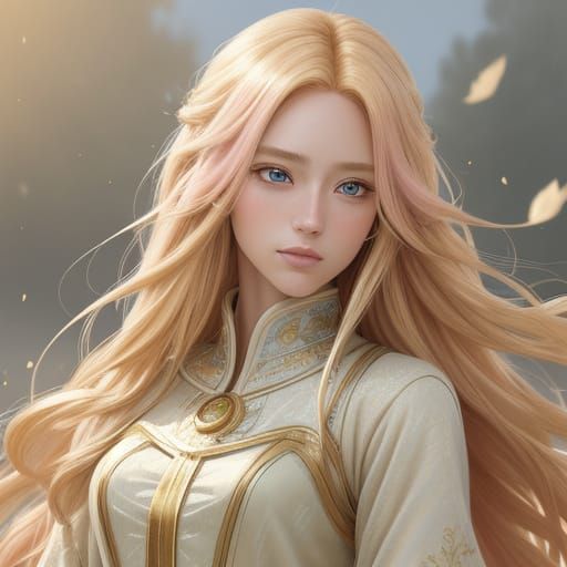Anime-Inspired Digital Painting of a Golden-Haired Girl with...