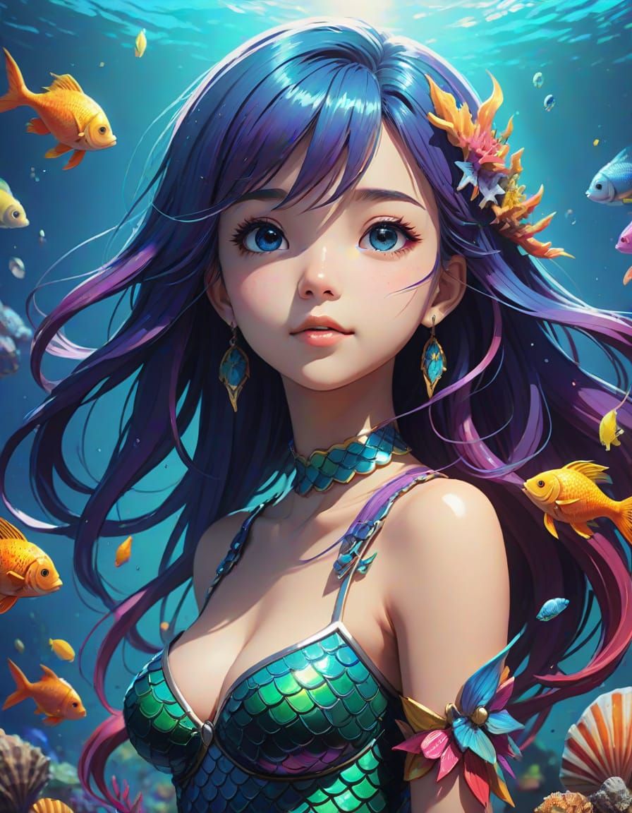 Vibrant Anime Mermaid in a Whimsical Underwater World