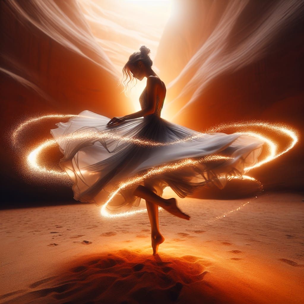 Barefoot Dancer in Silver Gown in Glowing Canyon