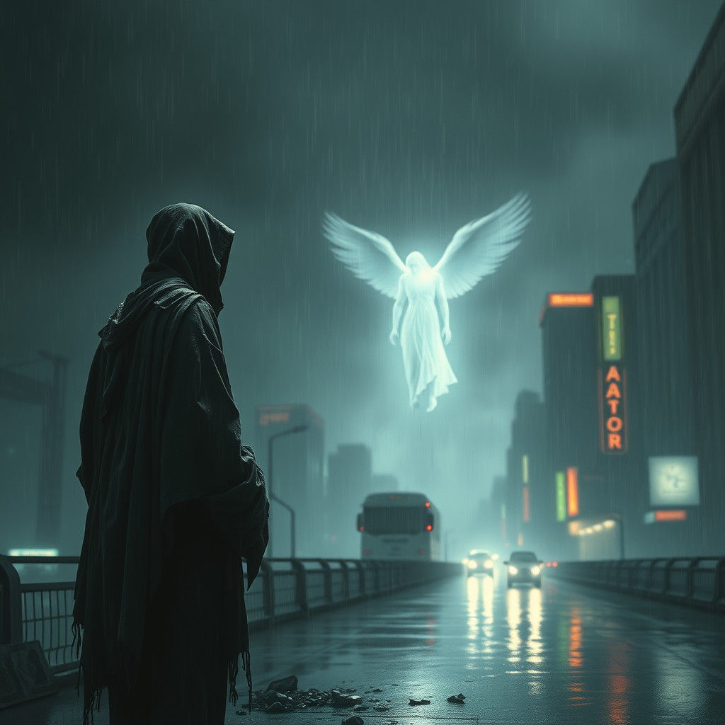 Fallen Prophet in Rain-Soaked Cyberpunk Cityscape