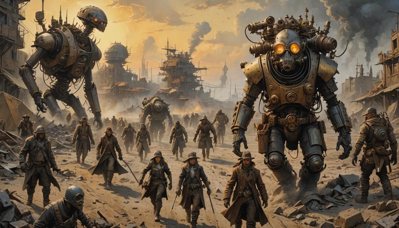 Post-Apocalyptic Wasteland: Steampunk Fighters in Oil Painti...