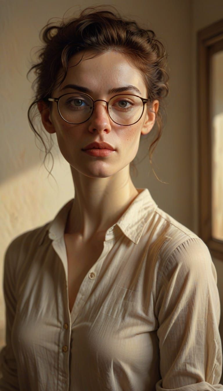 Elegant Portrait of Woman with Glasses in Oil Painting Style