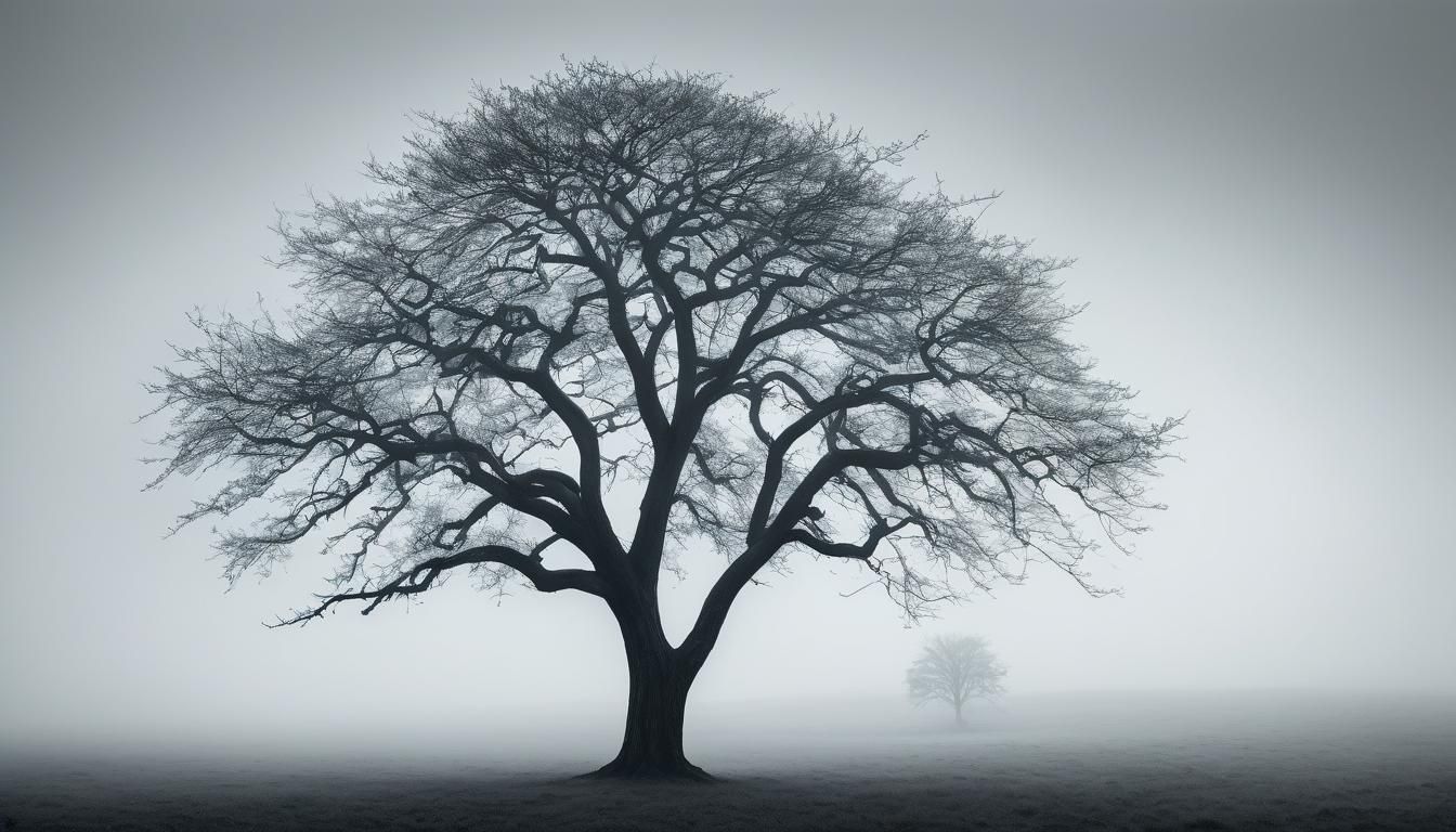 Monochromatic Silhouette: Lone Tree Against Misty Sky