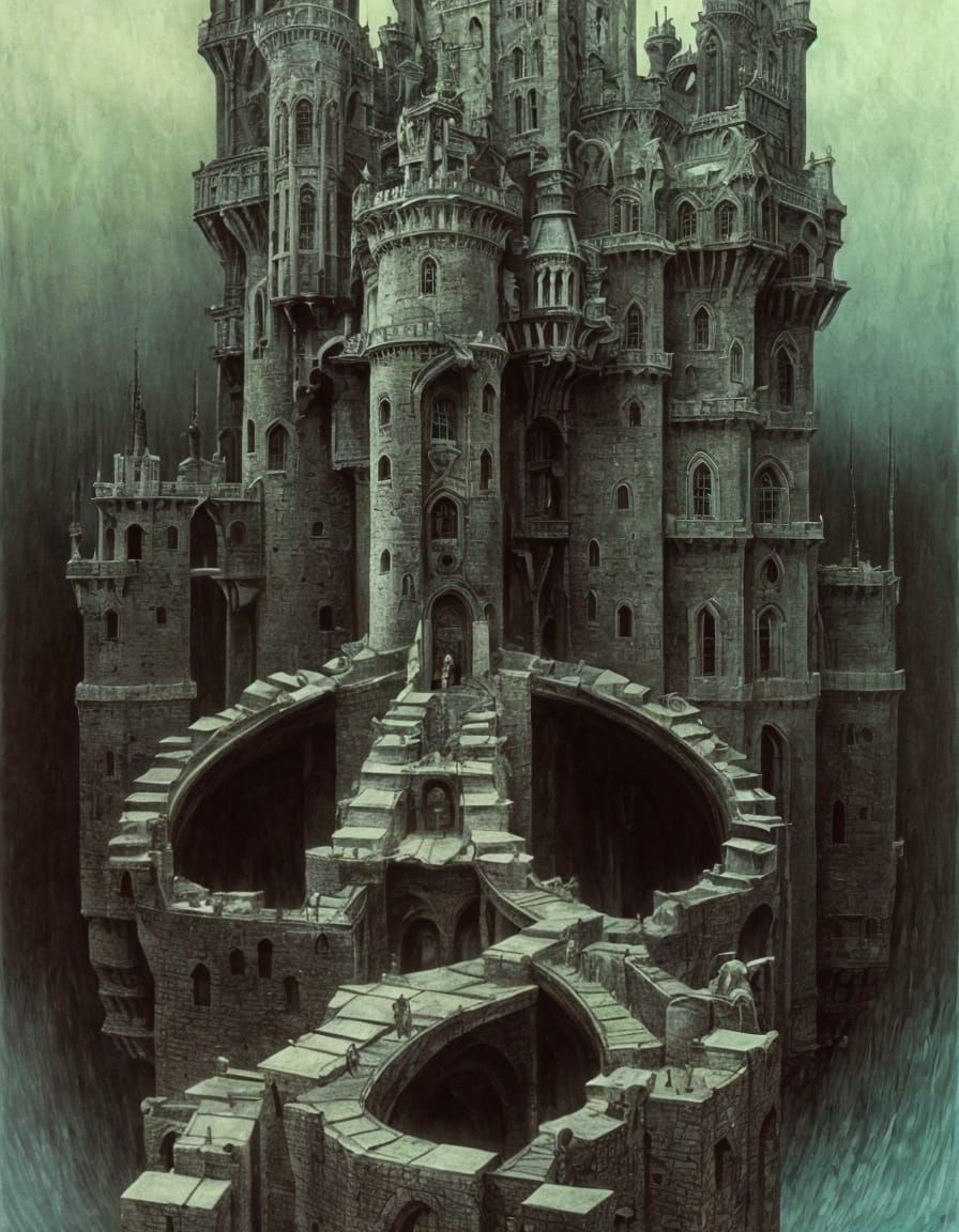 Surreal Castle with Drawbridges in Dreamlike Landscape