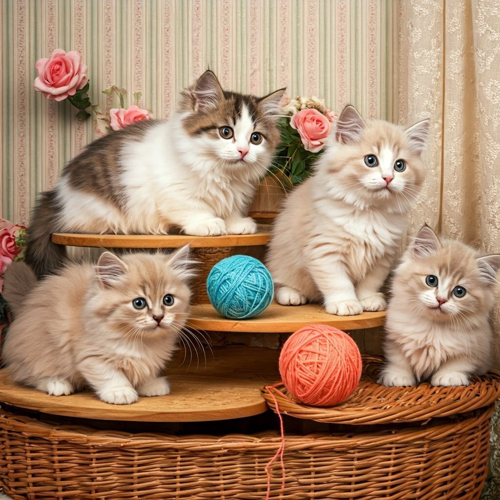 A group of Munchkin kittens and a mother cat are centrally positioned on a multi-tiered, light-brown wooden cat stand. T...