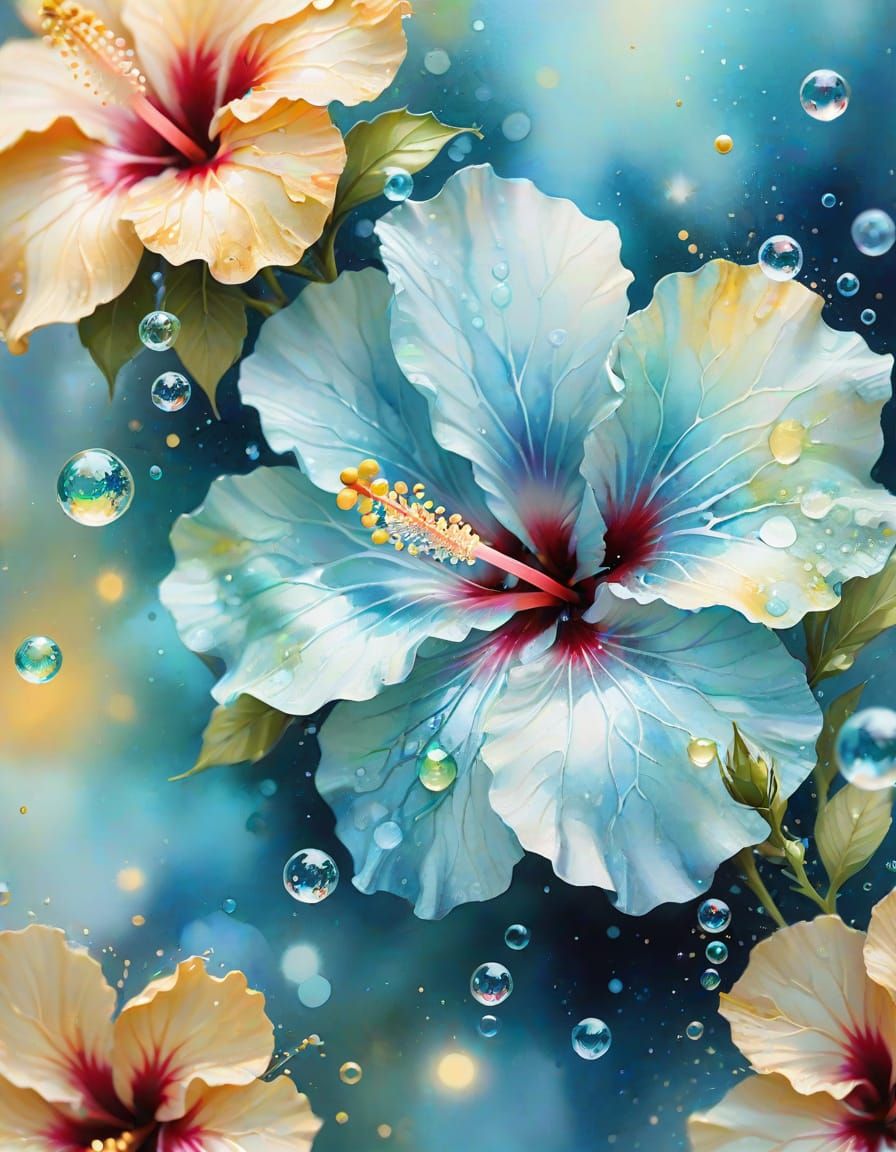 Aquamarine Eyes with Hibiscus in Watercolor Splash Art