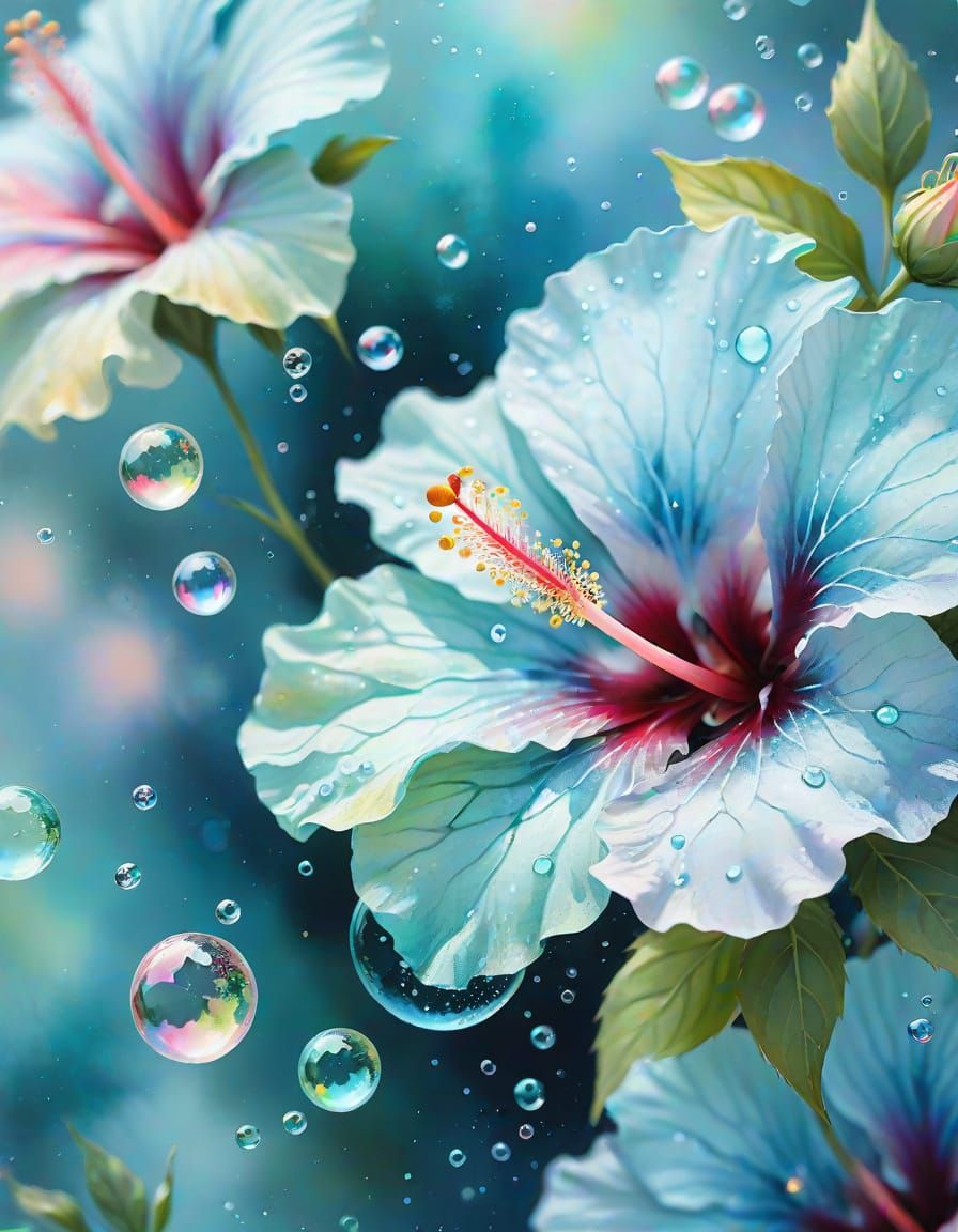 Aquamarine Eyes with Hibiscus Flowers in Watercolor