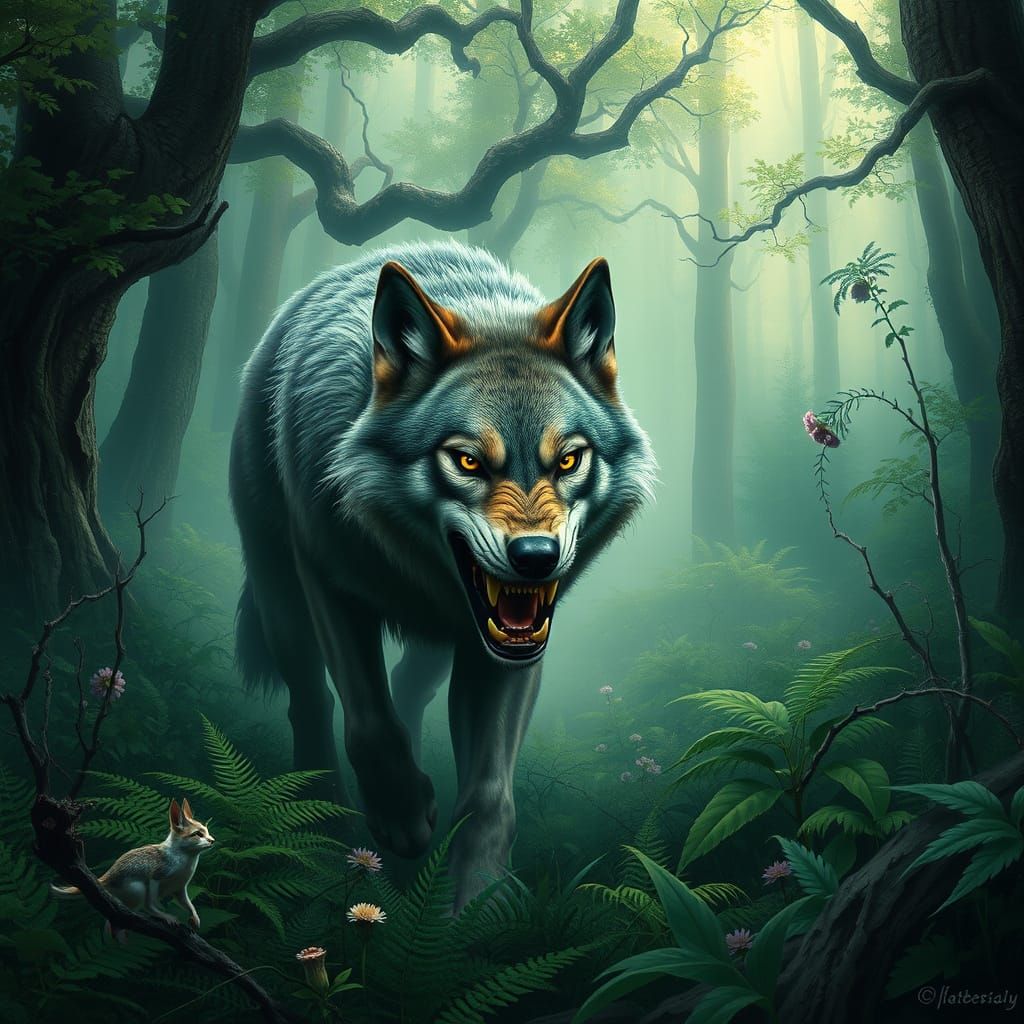 Wolf Stalks Prey in Misty Forest Landscape