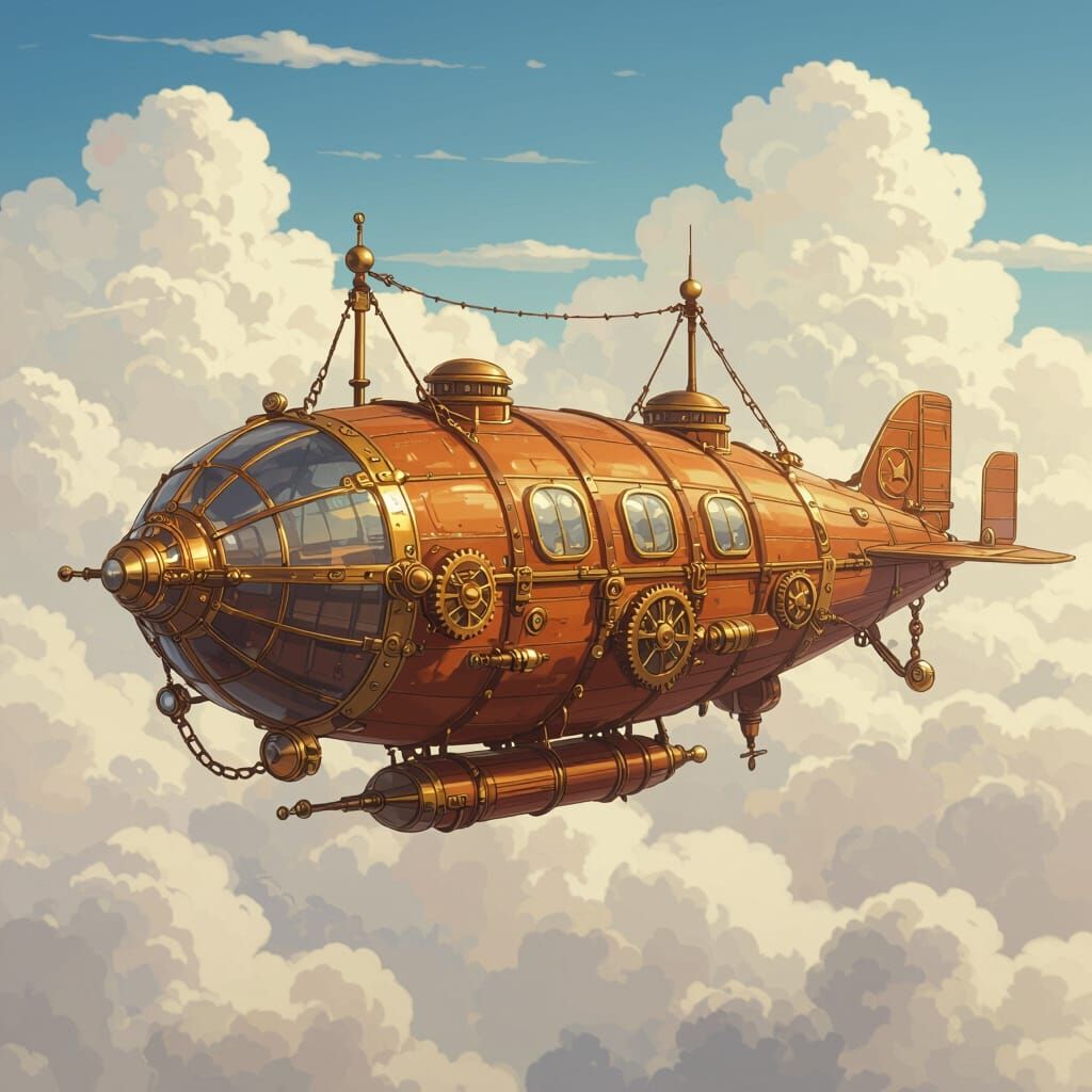 Steampunk Airship Journey Through Clouds in Anime Style