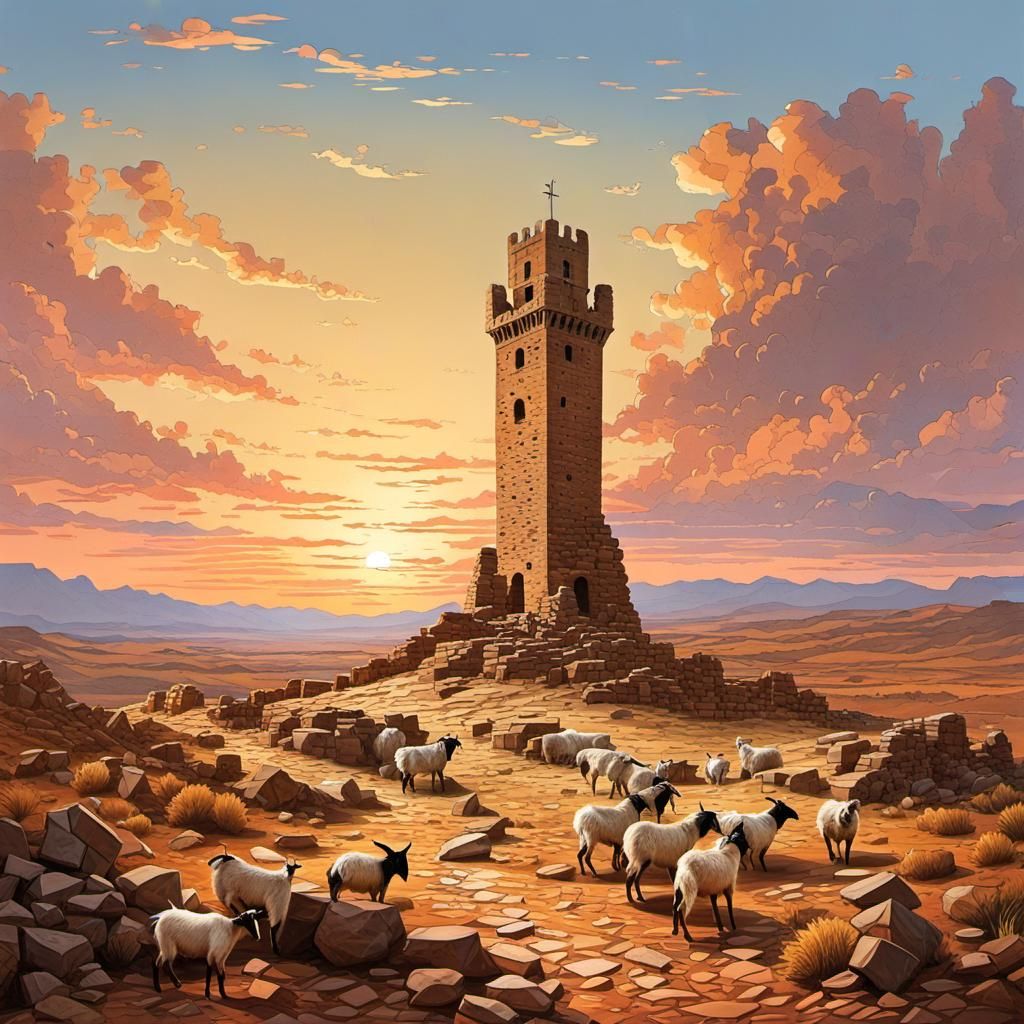 Arid Sunset Over Medieval Tower Ruins