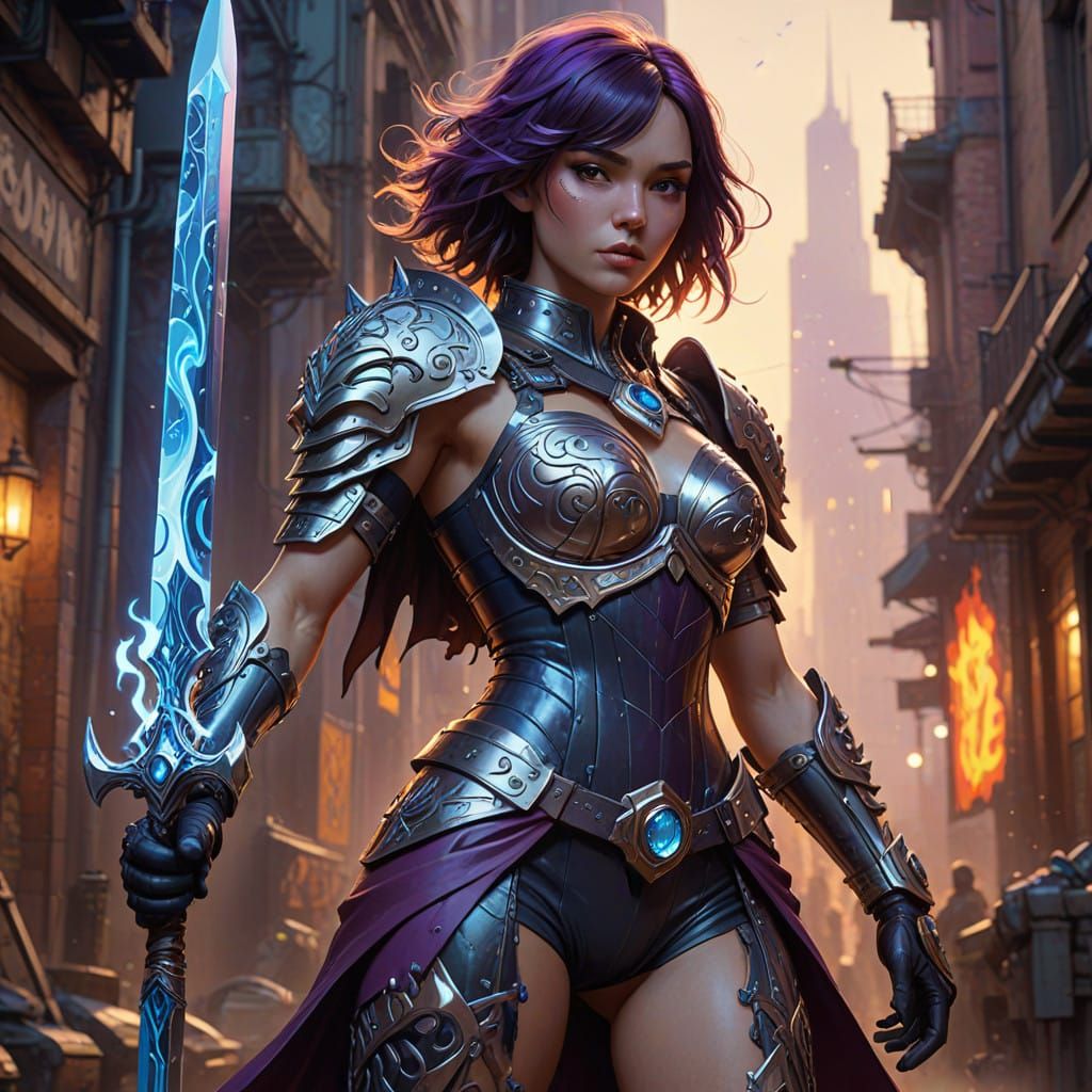 Heroic Fantasy Warrior in Leather Armor with Ethereal Sword