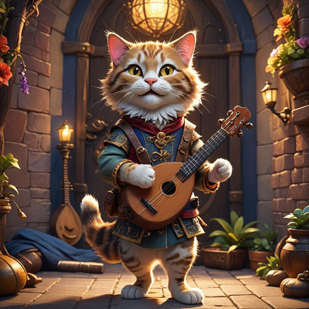 Anthropomorphic Cat Bard Portrait in Disney Style