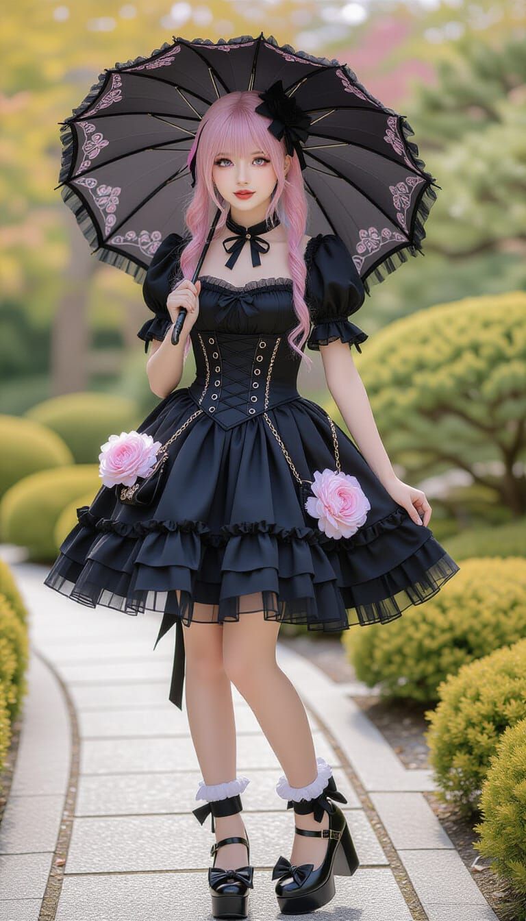 Gothic Lolita Girl with Peonies in Japanese Garden