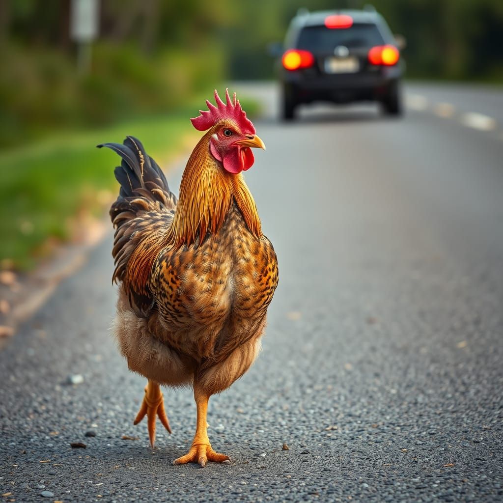 A Weathered Chicken on a Rural Road