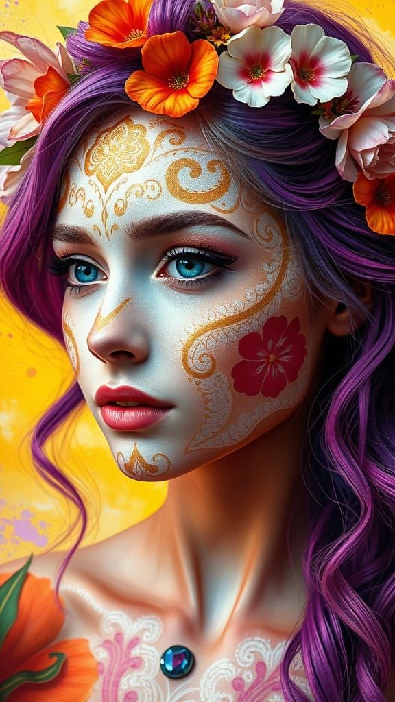 Vibrant Woman in Hyperreal Portrait with Floral Crown and In...