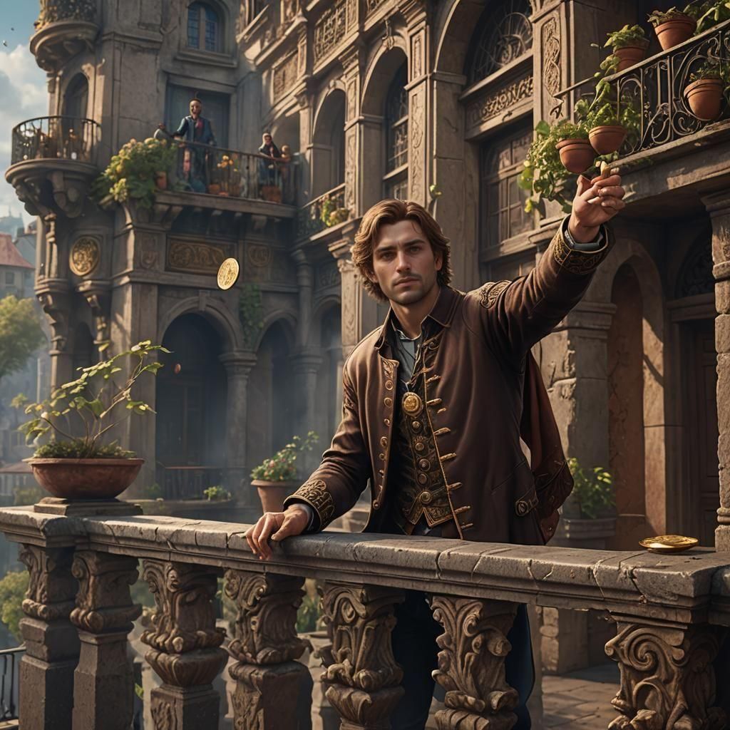 Man on Balcony Holding Coin, Detailed Matte Painting