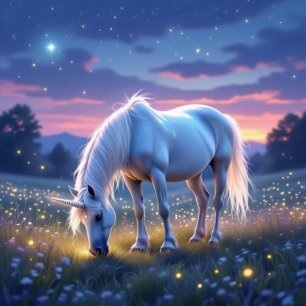 Unicorn Grazing in Luminous Meadow Under Twilight