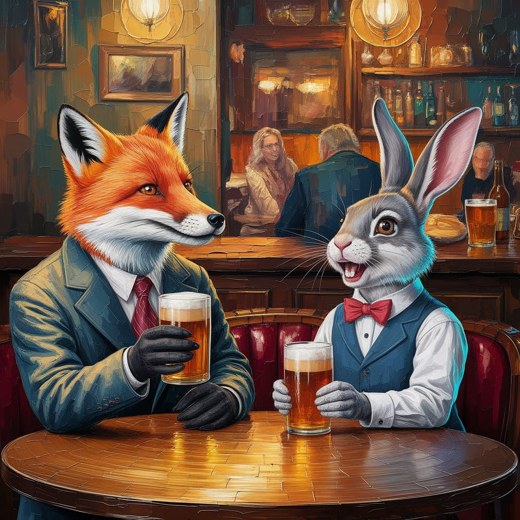 Fox and Rabbit Enjoying a Pint in 1930s Pub