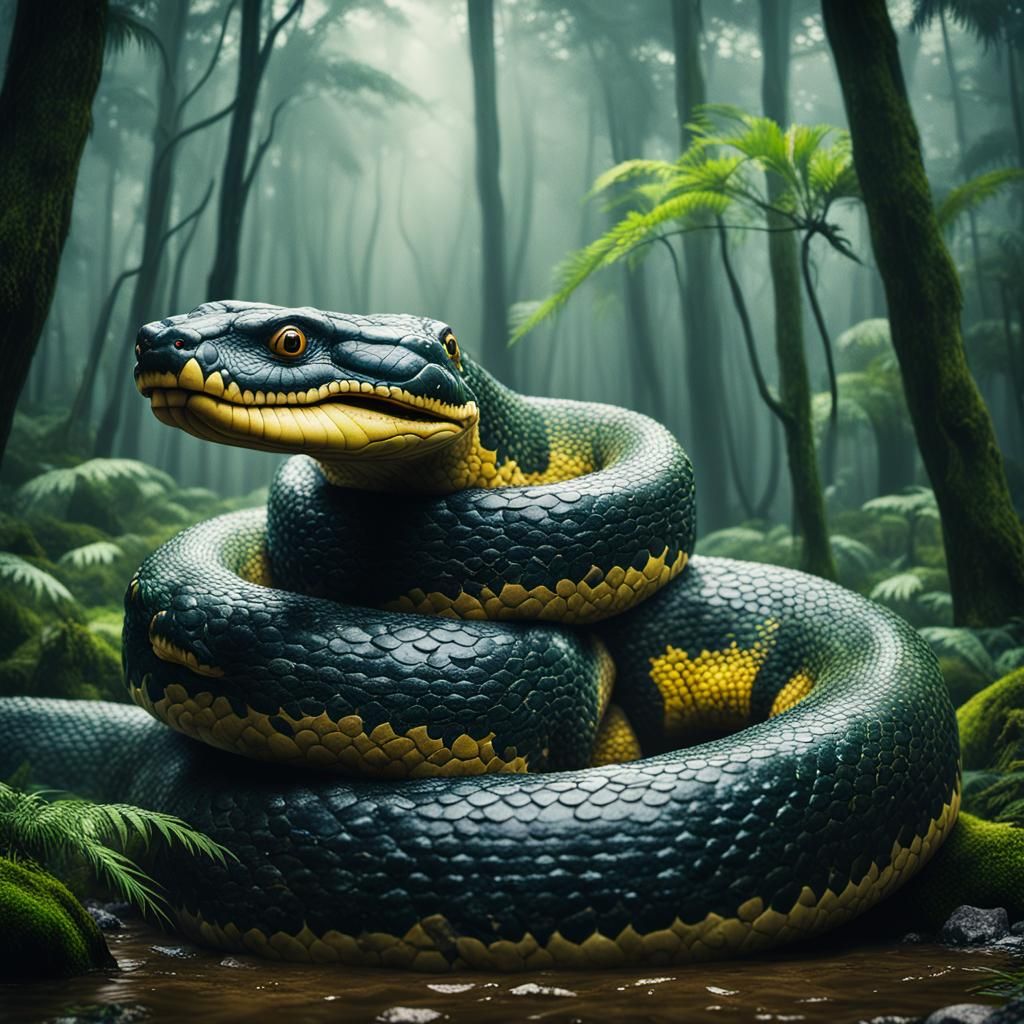Anaconda and Cobra Face-Off in Rainy Forest