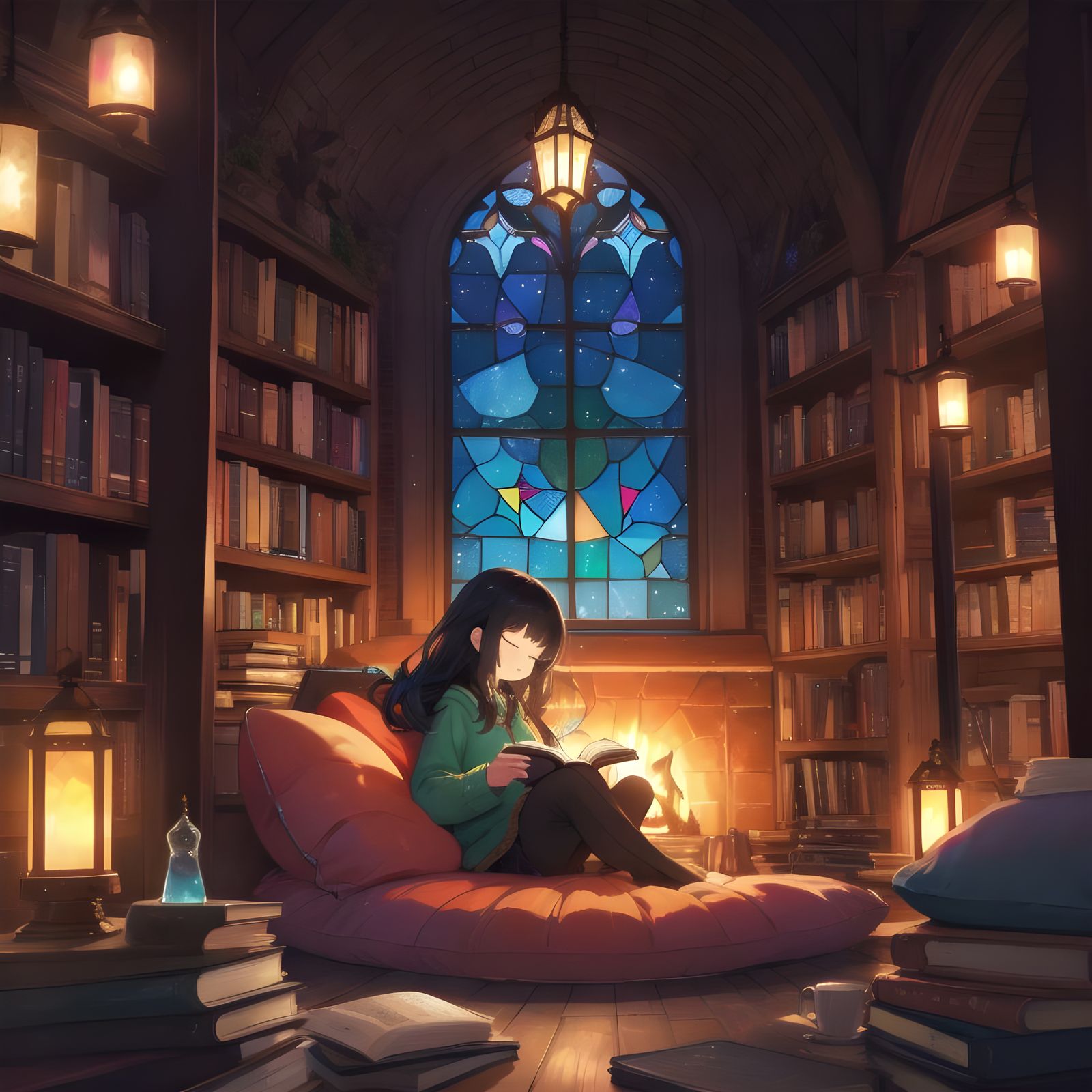 Magical Library Campsite with Flying Books