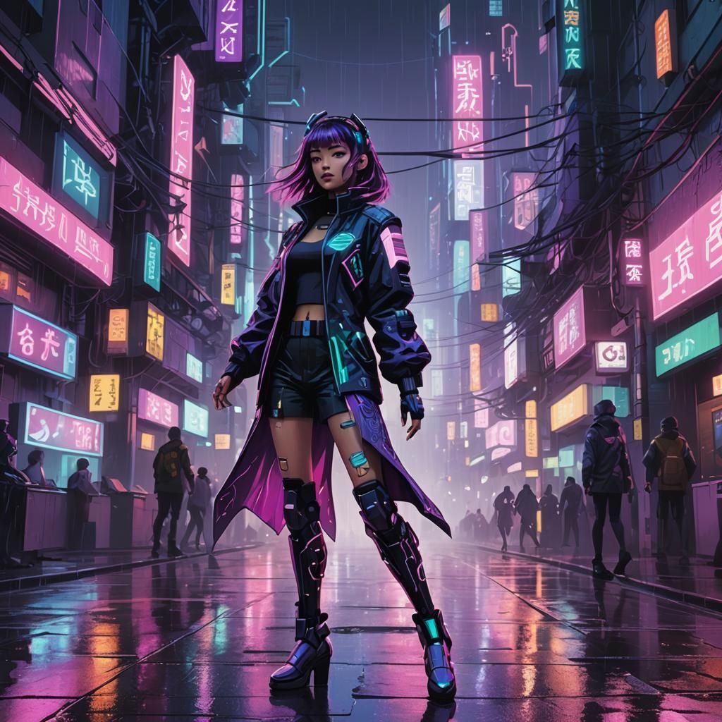 Cyberpunk Anime Girl Dancing in Neon City: Pixel Art