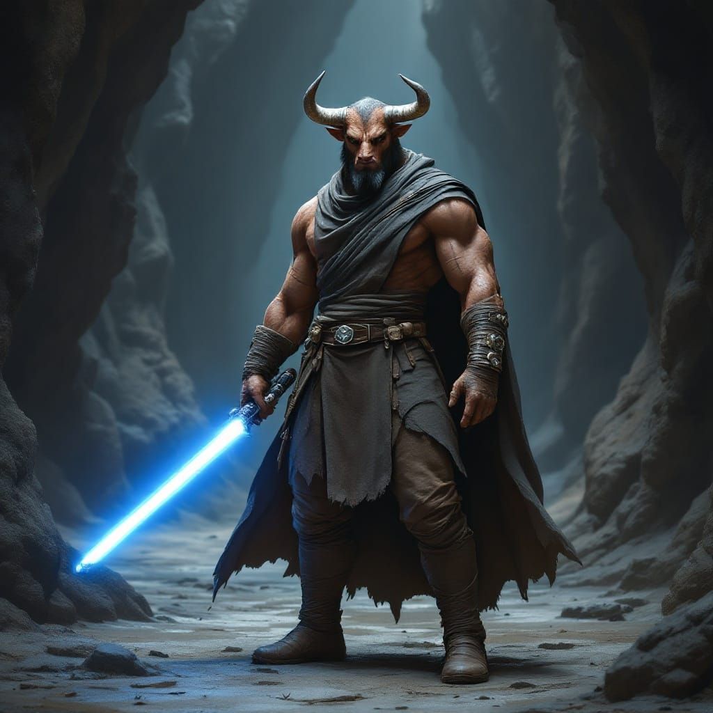 Cyberpunk Jedi Warrior in Ancient Cave