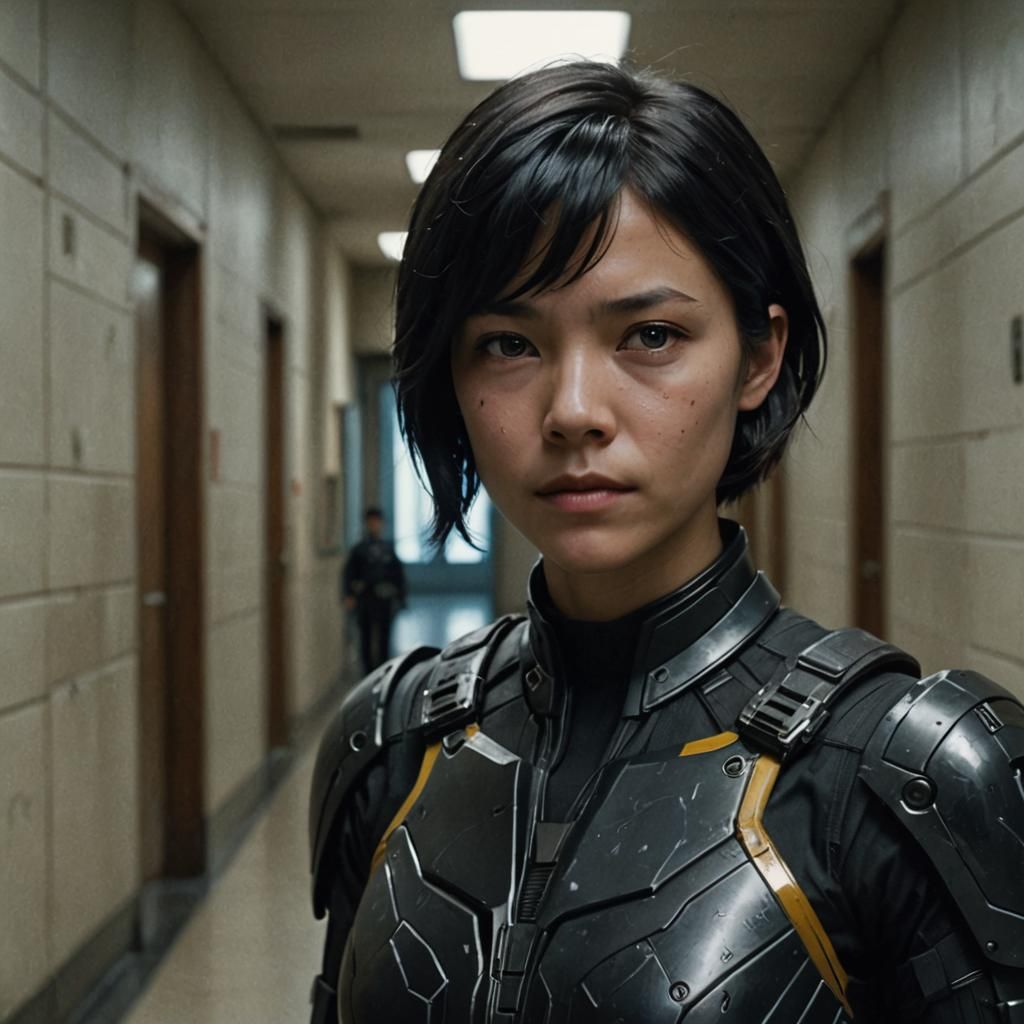 Cyberpunk Soldier in Hallway, Hyperrealistic IMAX 4K