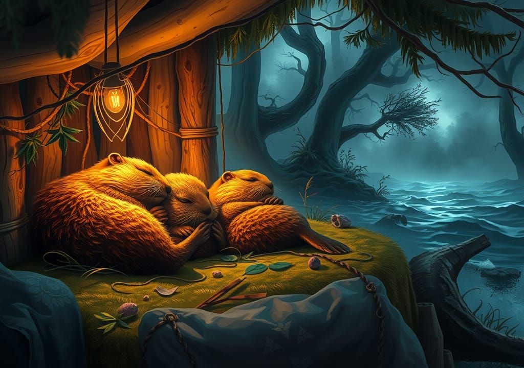 Beaver Family Sleeping Peacefully During Storm, Hudson River...