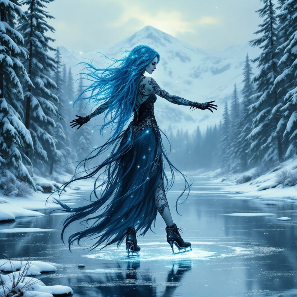 Gothic Fairy Ice Skating on Frozen Lake