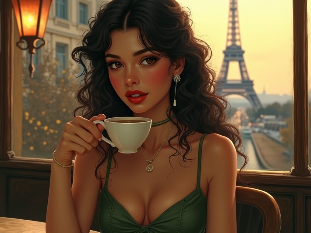 Ethereal Parisian Beauty Sipping Coffee Near Eiffel Tower in...
