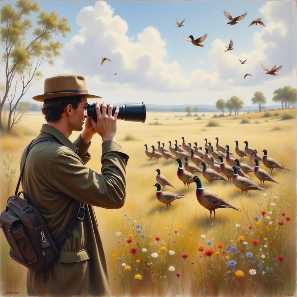 Man Observes Pheasant Flock in Impressionist Style