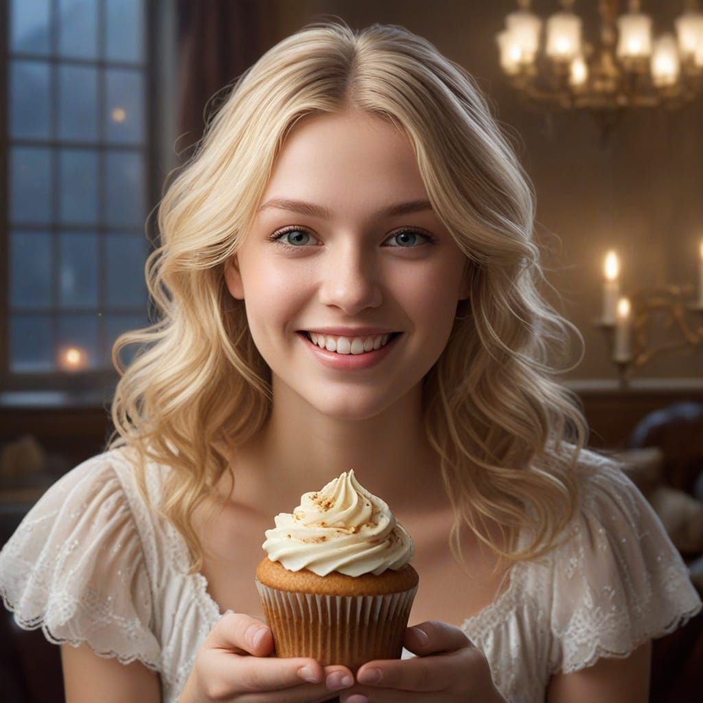 Blond Girl Enjoys Cupcake in Ethereal Fantasy Art