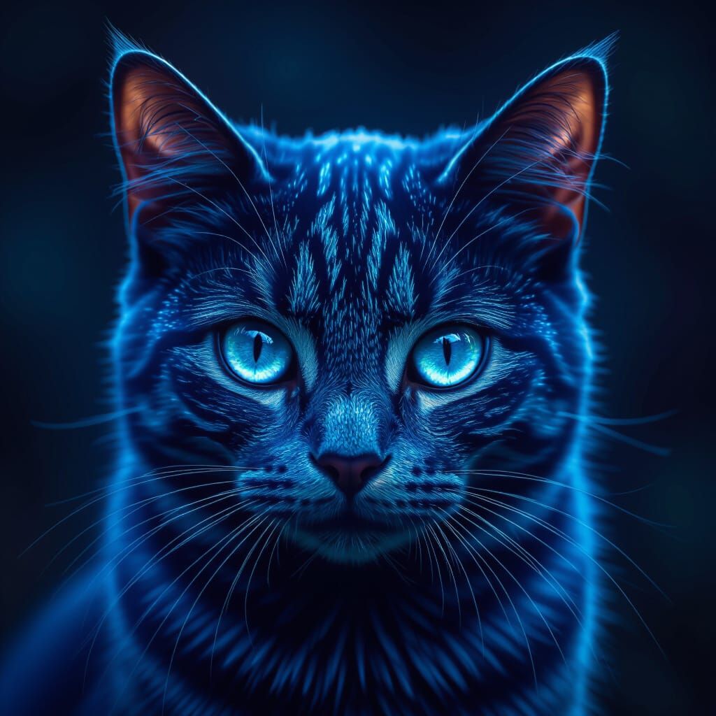 Magical Blue Cat with Glowing Cyan Eyes