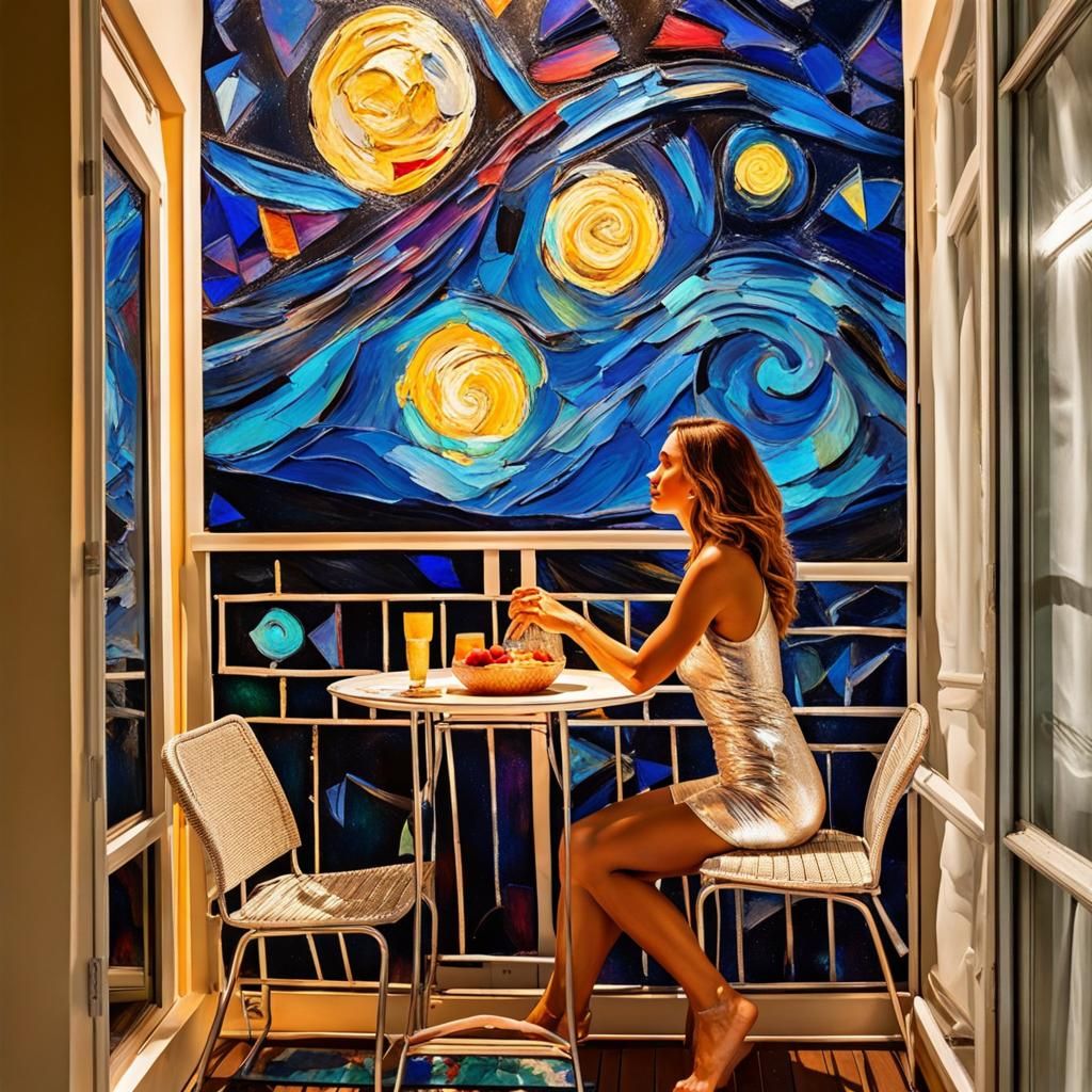 Woman Dining on Balcony Under Starry Night