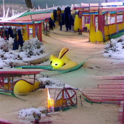 Yellow Rabbit in Winter Amusement Park