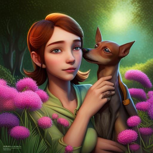 Girl Affectionately Pets Dog in Bright Garden, 3D Art