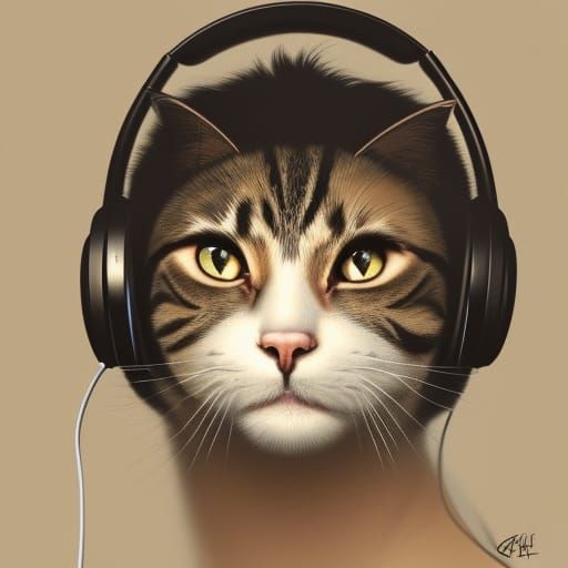 Cat with Headphones Portrait in Artgerm Style