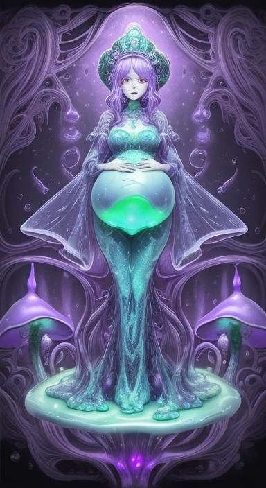 Pregnant Slime Lady in Whimsical Alien Forest