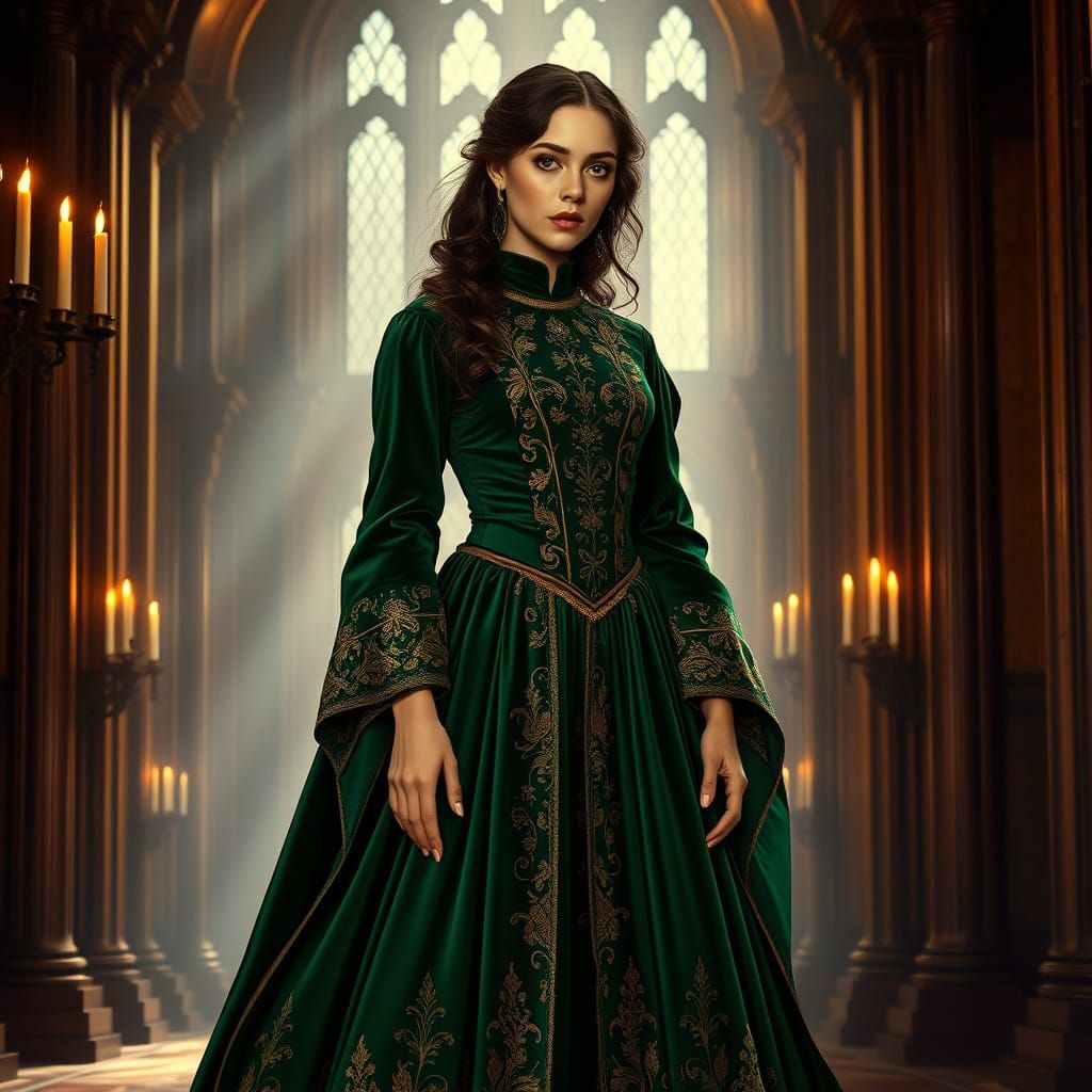 Luxurious 1300s Emerald Gown in Candlelit Hall