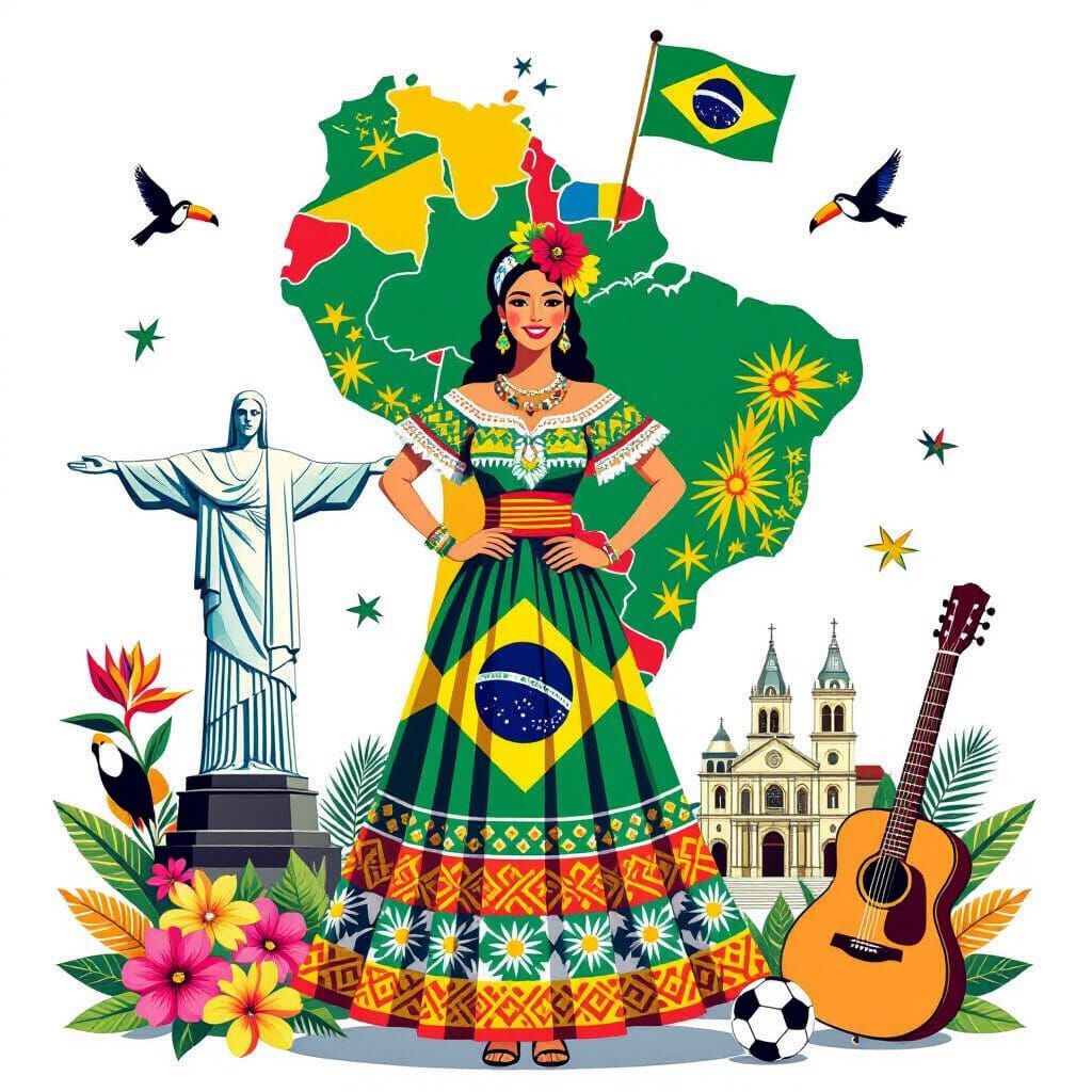 Brazilian Woman and National Symbols, Glossy Style