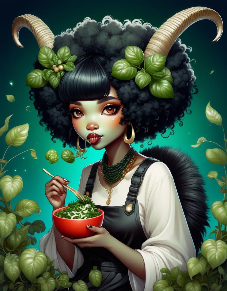 Anime Goat Girl Eating Salal Illustration