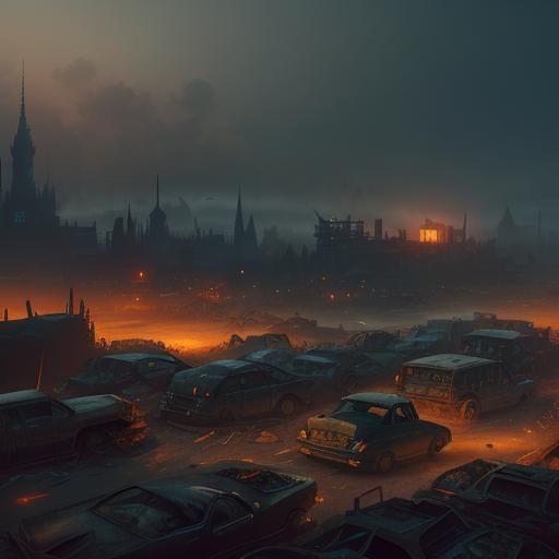 Eerie Scrap Yard at Night: Detailed Matte Painting