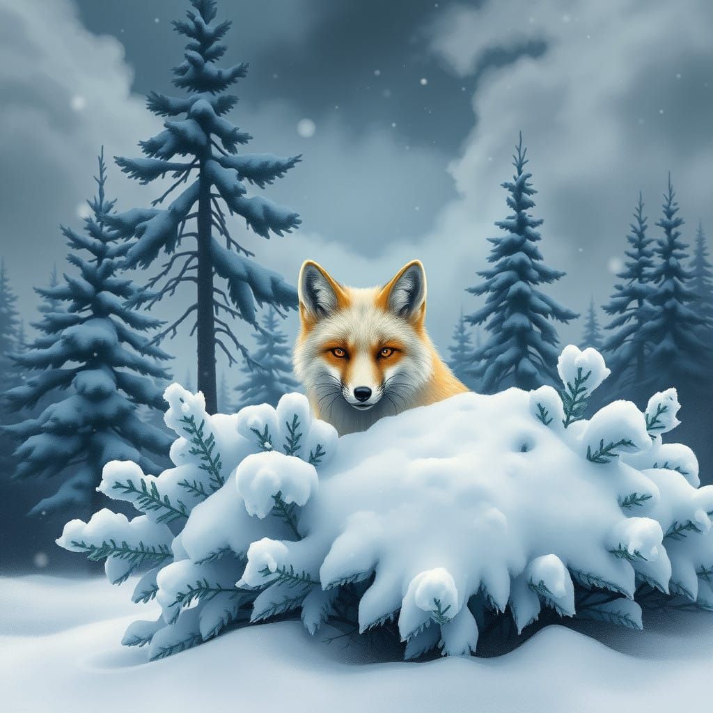 Realistic Winter Scene of Arctic Fox in Spruce Forest