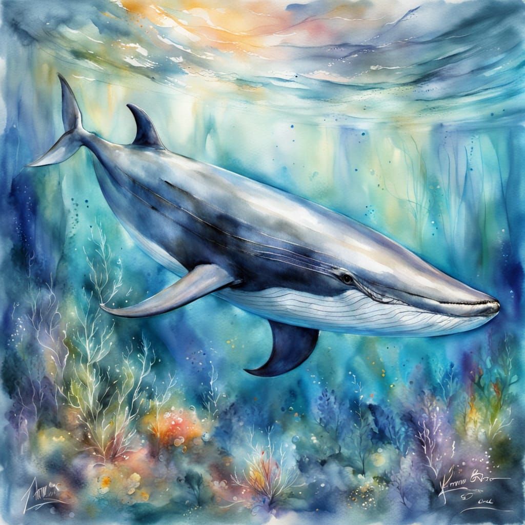 Minke Whale in Underwater Watercolour Fantasy