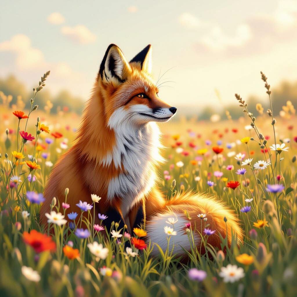 Fox in Wildflower Field, Whimsical Storybook Illustration