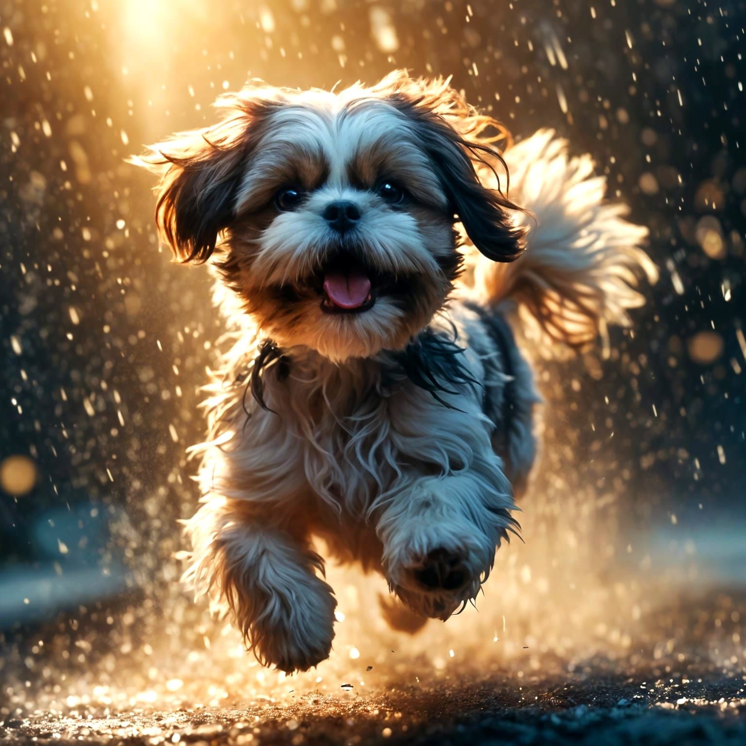 Hyperrealistic Shih Tzu Puppy Running in Air